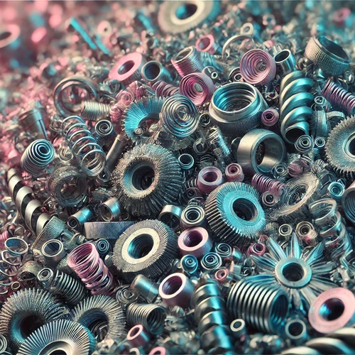 DALL·E 2025-02-06 004228 - A close-up image of small metallic shavings and spirals in a scrapyard setting The shavings are intricately detailed with visible textures and sharp 